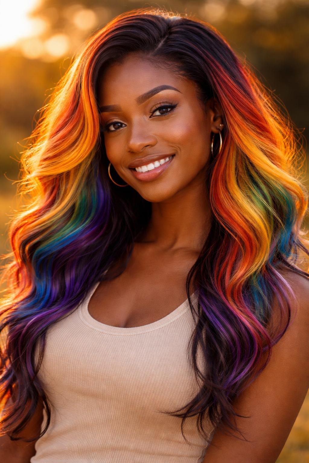 A dark-skinned woman with vibrant rainbow-colored hair featuring bright orange highlights, smiling outdoors during sunset.