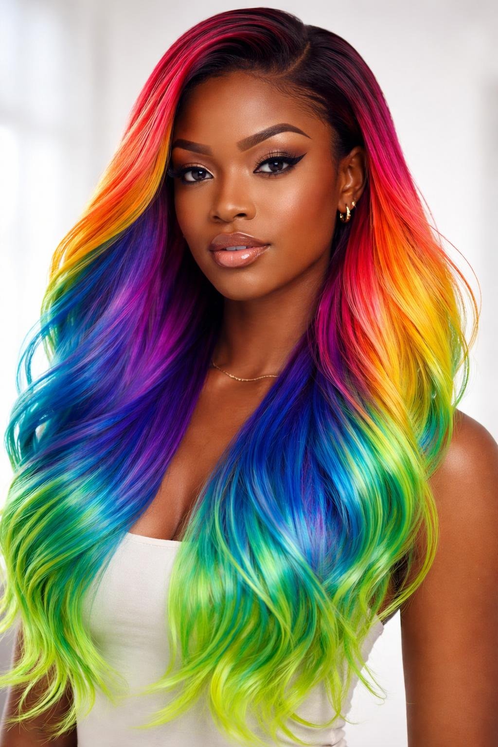 A dark-skinned woman with vibrant rainbow-colored hair ending in neon green tips, looking confidently at the camera.