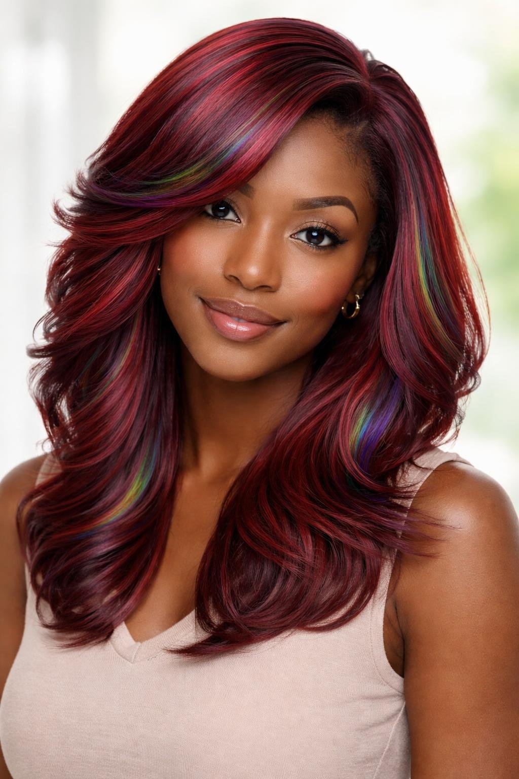 A dark-skinned woman with ruby red layered hair featuring subtle rainbow highlights, smiling against a neutral background.