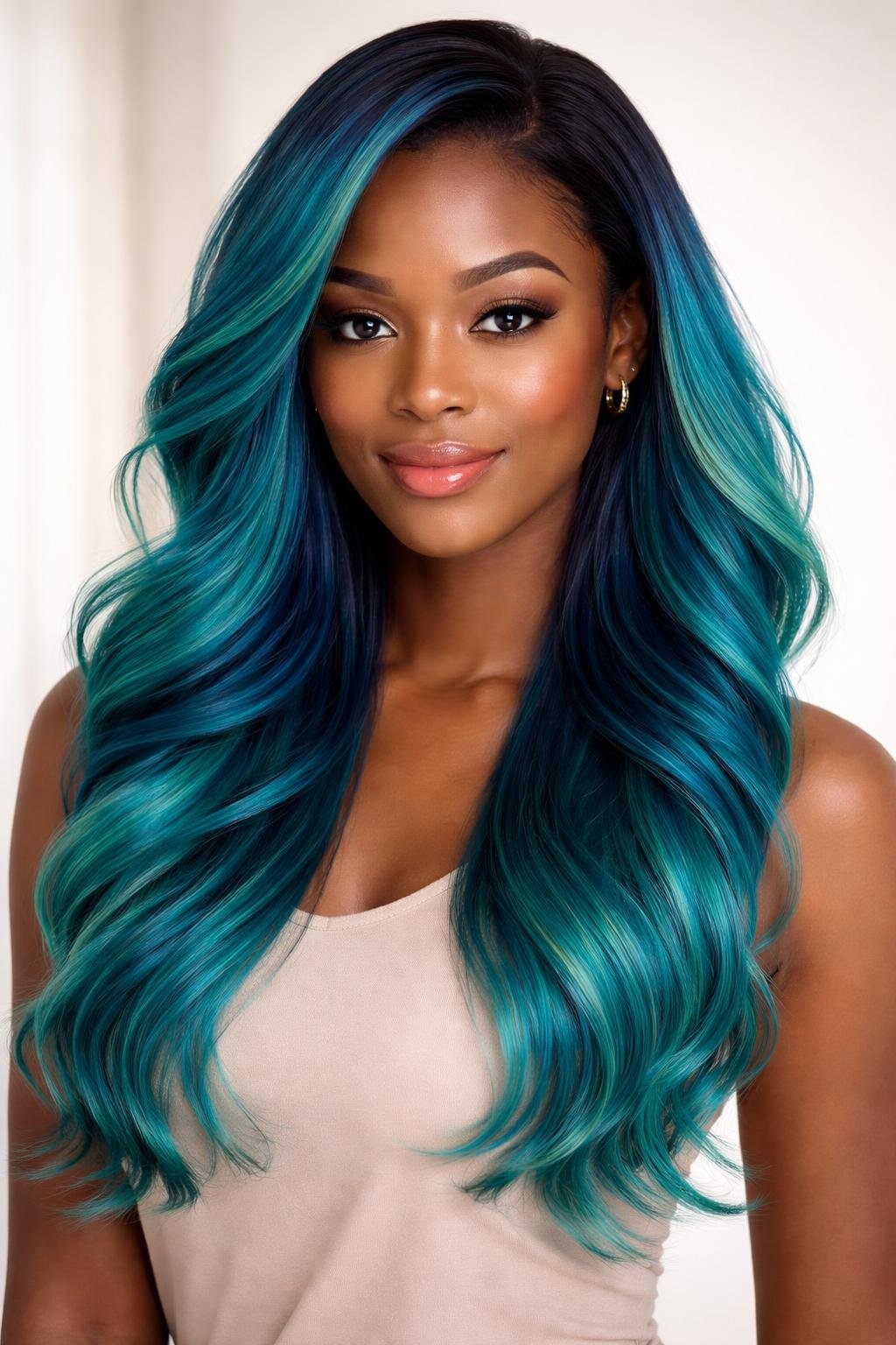 A dark-skinned woman with turquoise and teal hair smiling against a neutral background.