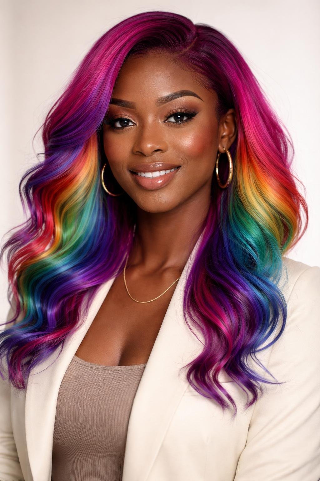 A dark-skinned woman with vibrant rainbow-colored hair fading from magenta, smiling against a plain background.