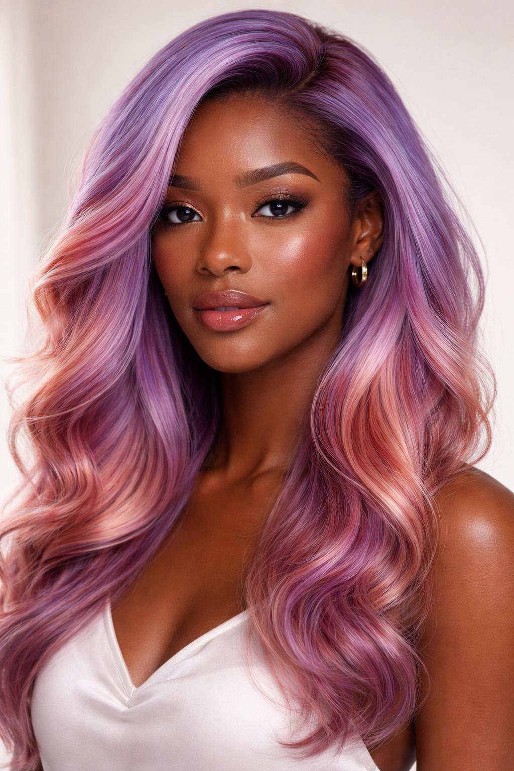 Close-up of a dark-skinned woman with wavy lavender and rose gold rainbow-colored hair against a plain background.