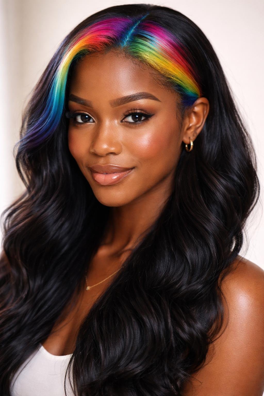 A dark-skinned woman with rainbow-colored hair roots smiling against a neutral background.
