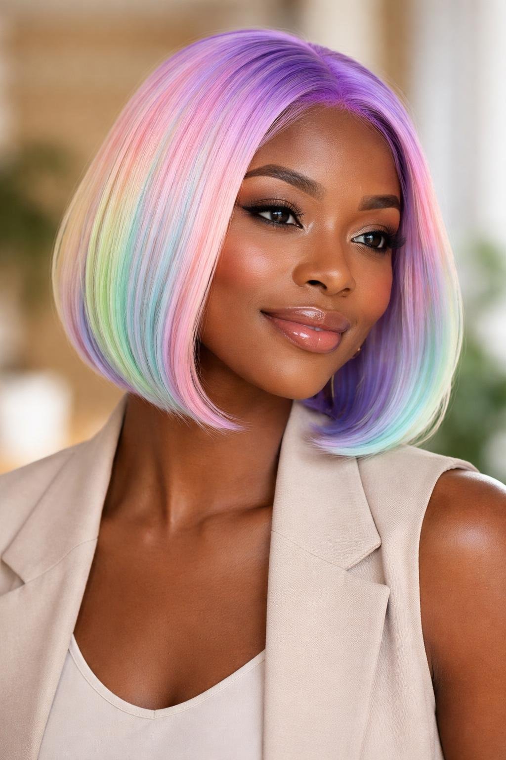 A dark-skinned woman with a pastel rainbow bob hairstyle, smiling gently against a softly blurred background.