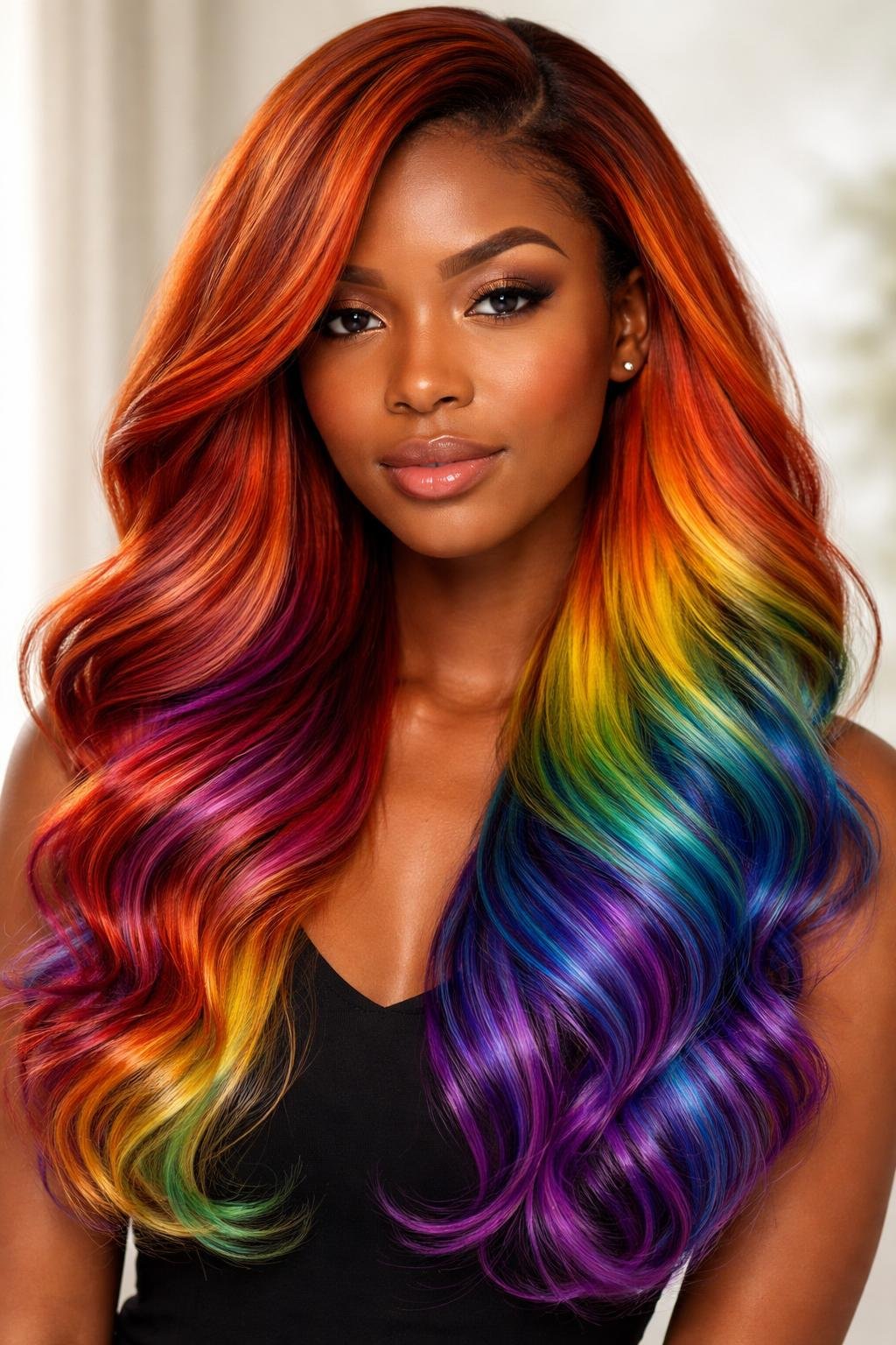 A dark-skinned woman with vibrant copper and rainbow colored hair looking confidently at the camera against a neutral background.