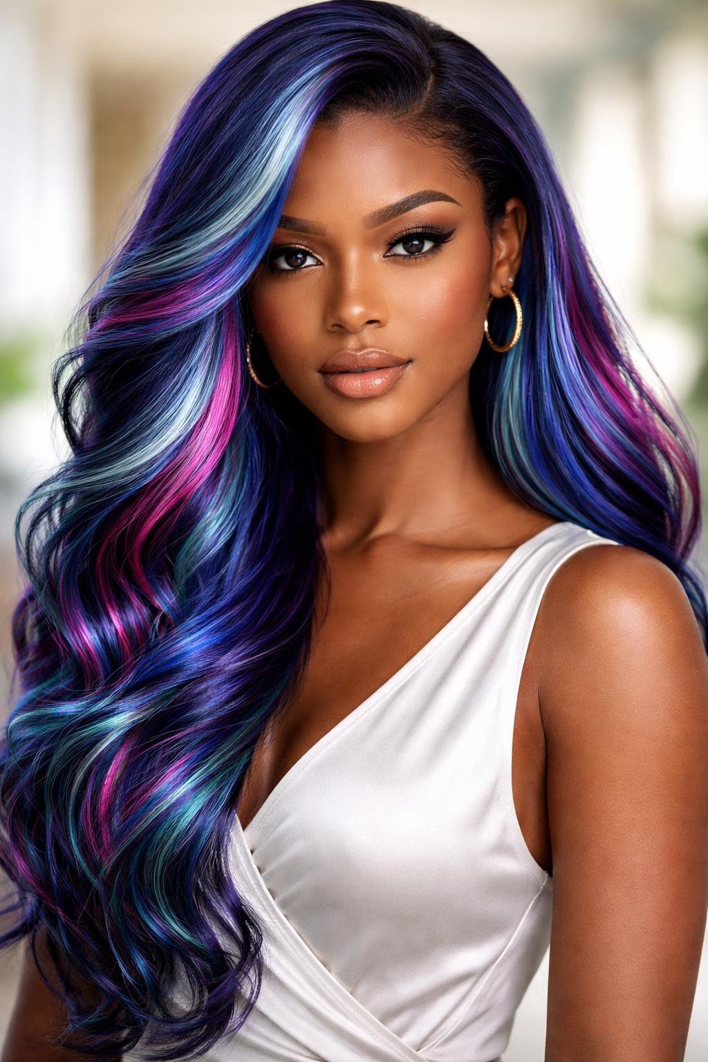 A dark-skinned woman with vibrant rainbow-colored hair featuring deep blue and silver highlights, smiling against a softly blurred background.