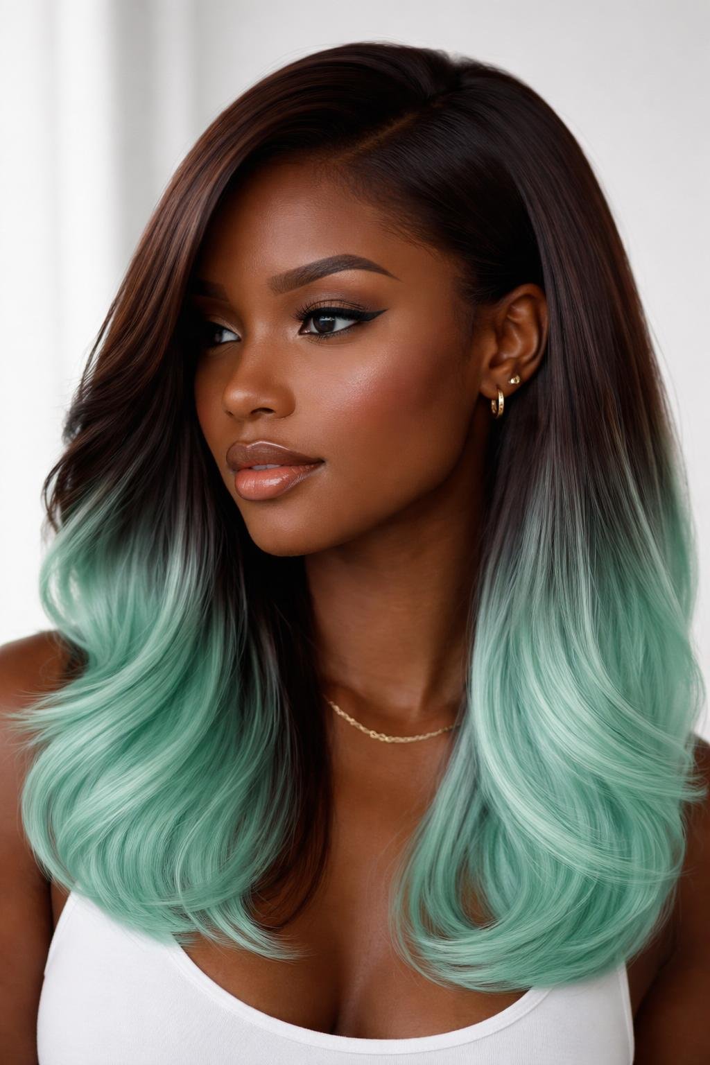Close-up of a person with dark skin and hair dyed chocolate brown with mint green ends.