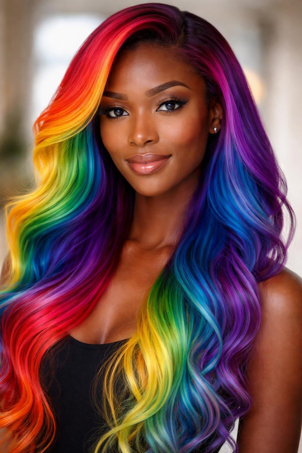 A dark-skinned woman with vibrant rainbow-colored hair smiling gently at the camera.
