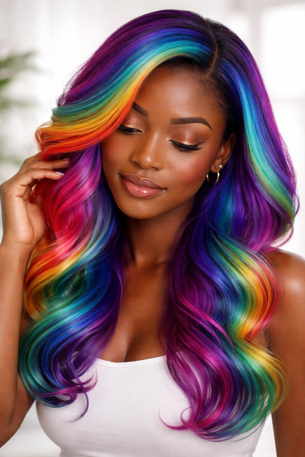 A dark-skinned woman with vibrant rainbow-colored hair gently touching her hair and smiling.