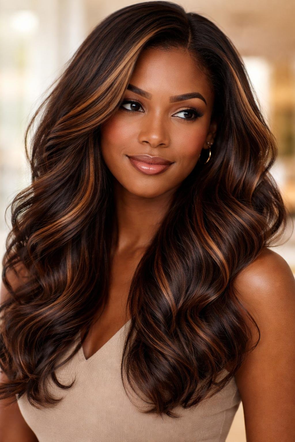 A woman with dark skin and rich chocolate brunette hair with warm caramel highlights, smiling softly against a blurred warm background.