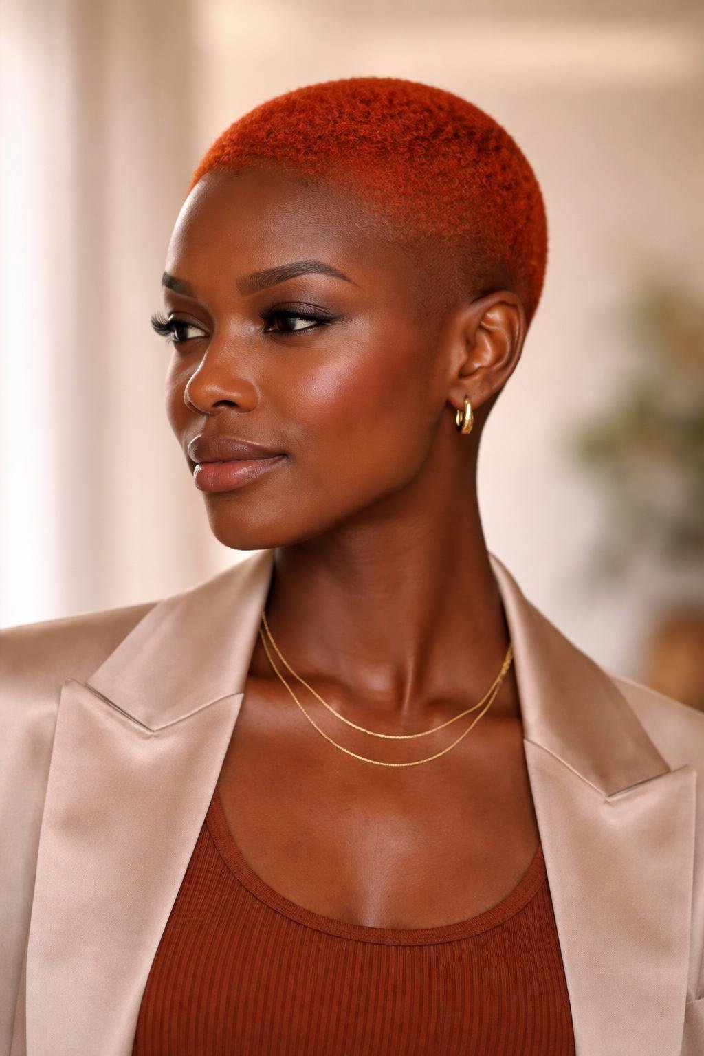 A dark-skinned person with a bright fiery copper buzzcut hairstyle looking slightly to the side against a softly blurred background.