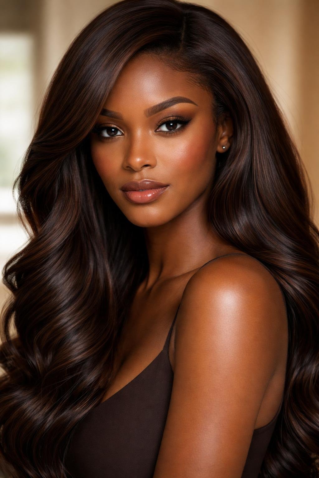 Close-up portrait of a woman with deep espresso brown hair and dark skin tone, looking confidently at the camera.