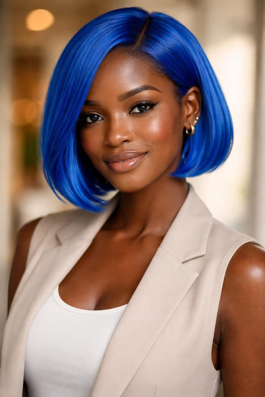 A dark-skinned woman with an electric blue bob haircut smiling gently against a softly blurred background.