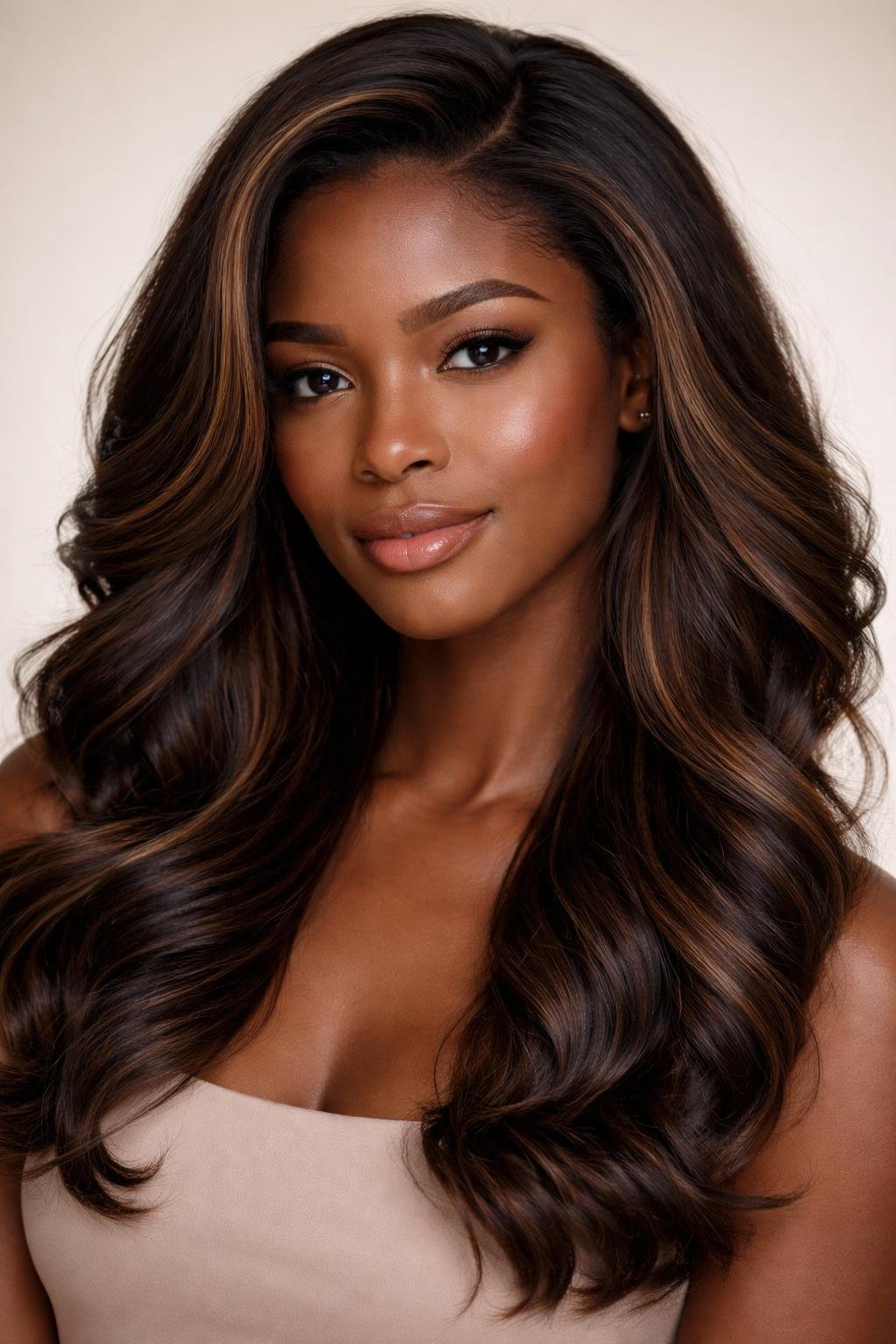 A woman with glowing dark skin and chocolate brunette balayage hair looking confidently at the camera against a neutral background.