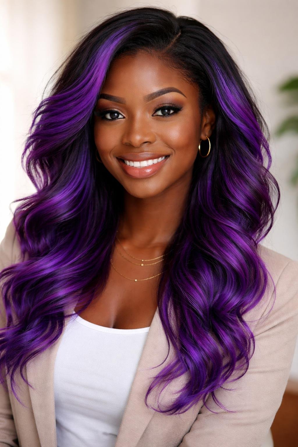 A dark-skinned woman with vibrant violet highlights in her hair, smiling and looking confident.