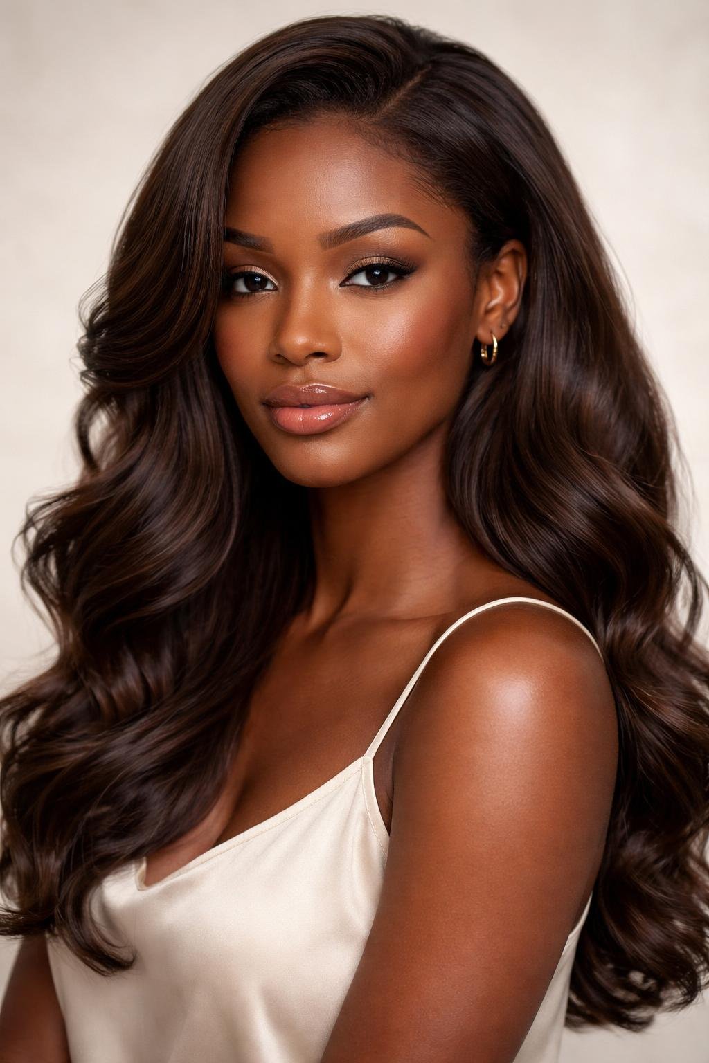 A dark-skinned woman with glossy walnut brown hair styled in soft waves, posing against a neutral background.