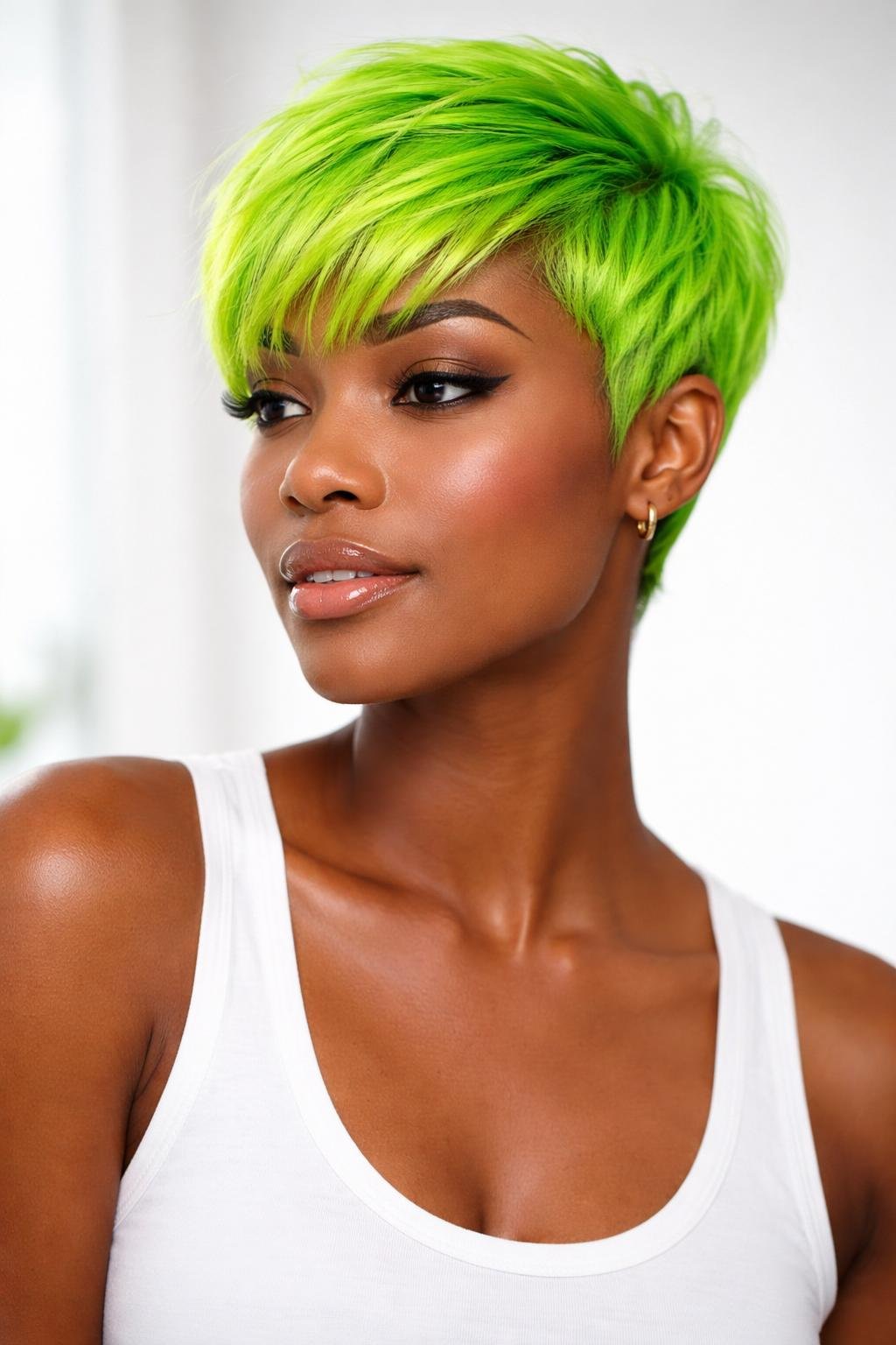 A dark-skinned woman with a neon green pixie cut hairstyle looking slightly to the side against a neutral background.