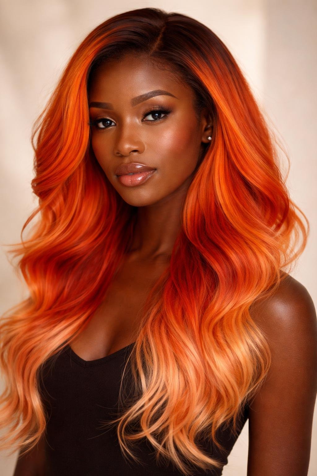 A dark-skinned woman with vibrant sunset orange ombre hair, smiling gently against a neutral background.