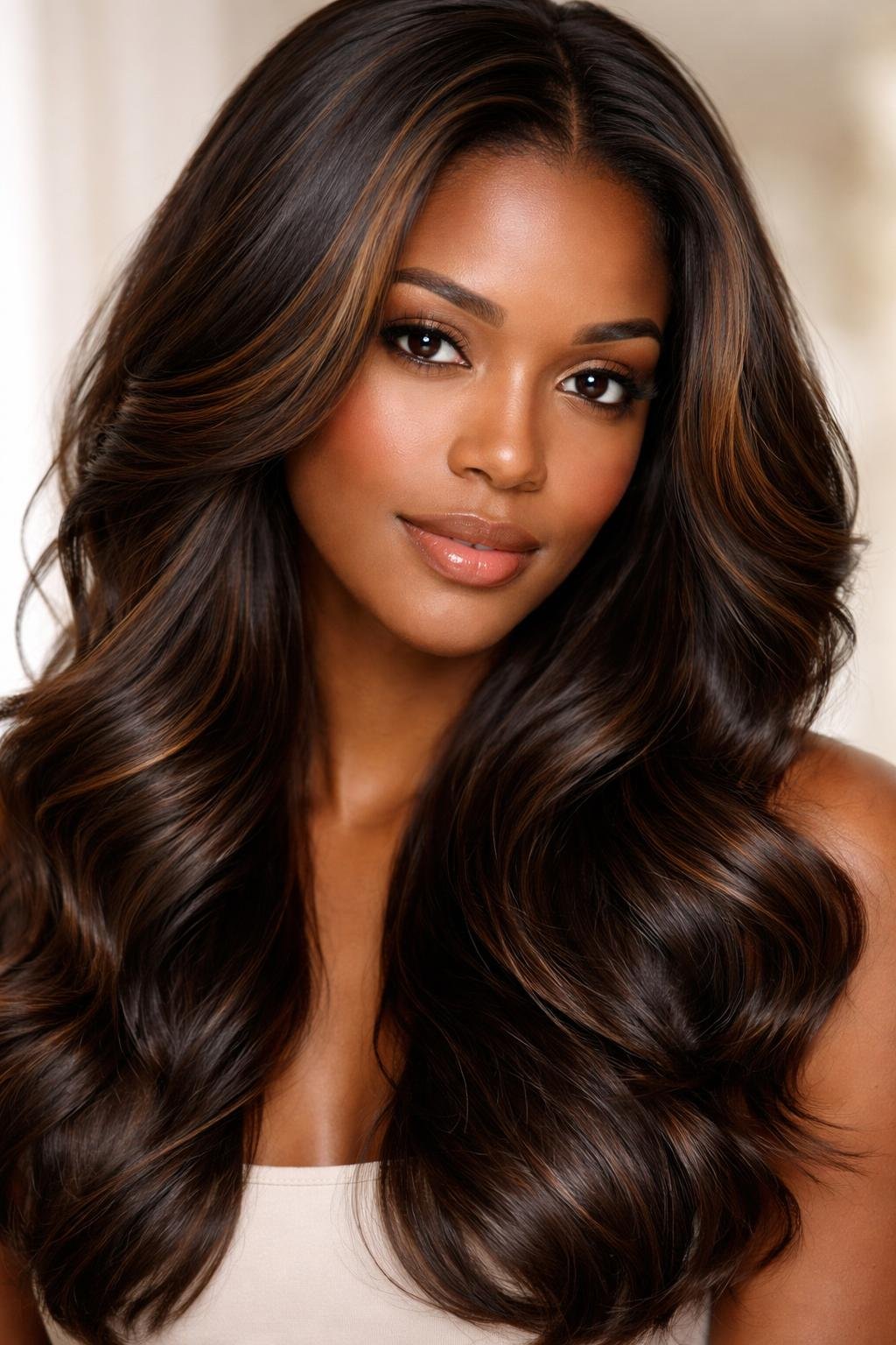 Portrait of a woman with dark skin and dark chocolate brunette hair with honey streaks, styled in soft waves.