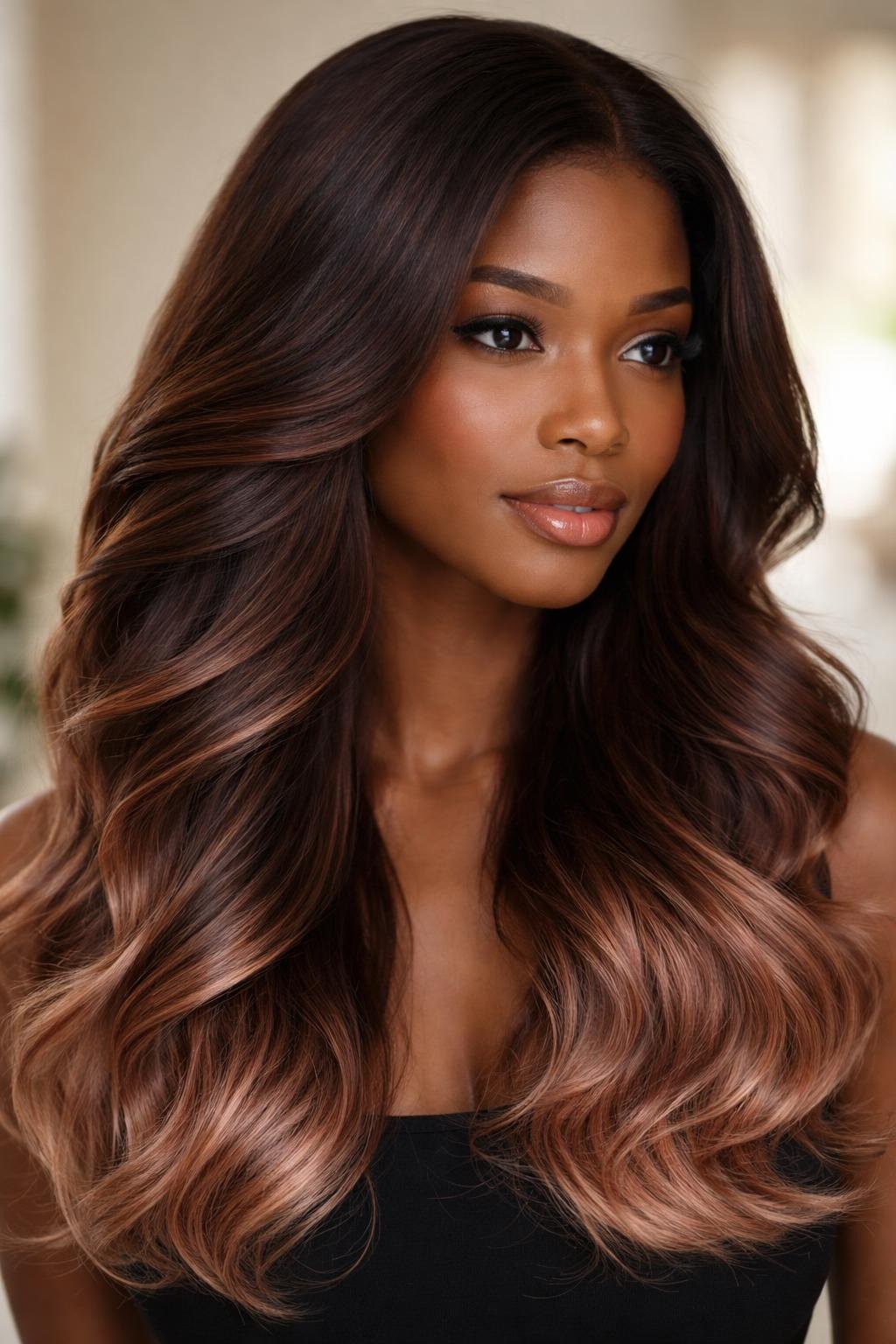 Close-up of a woman with dark skin and soft cocoa brown hair with rose gold tips, looking slightly away from the camera.