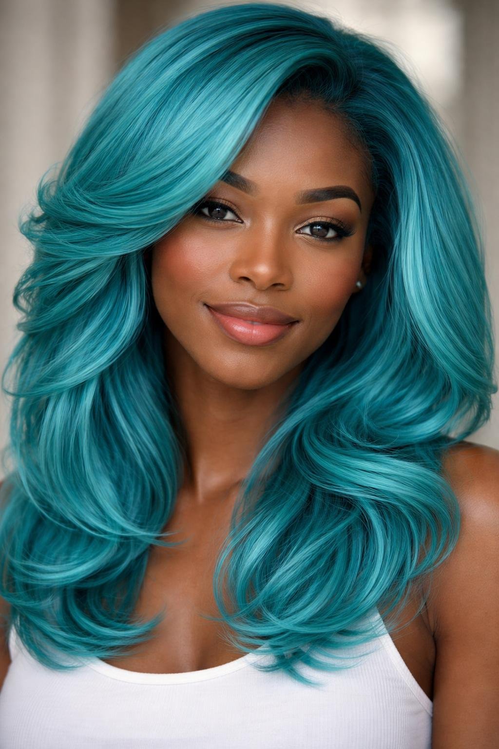 A dark-skinned woman with bright turquoise layered hair smiling gently against a neutral blurred background.