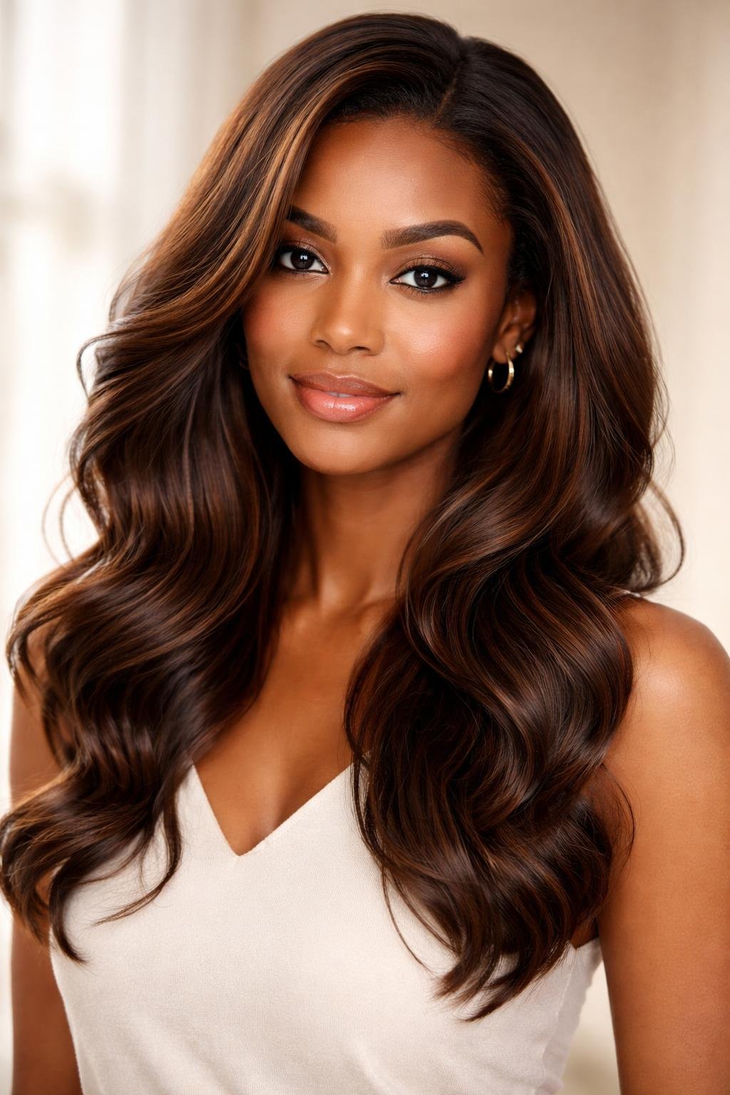 A woman with luminous hazelnut brown hair and radiant dark skin looking confidently at the camera.