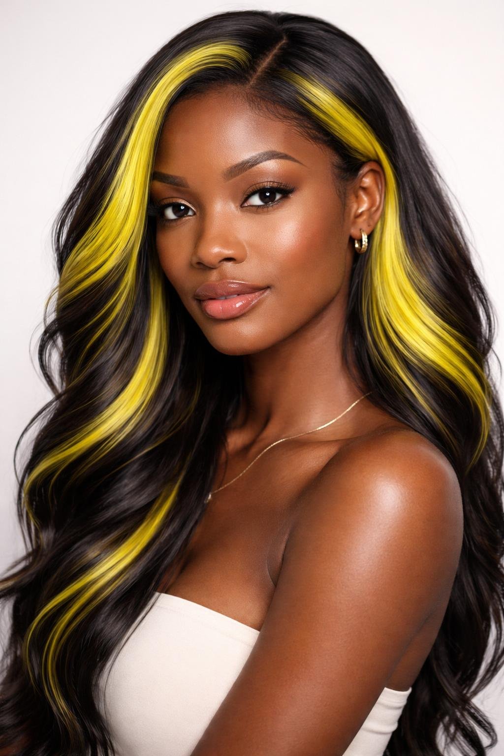 A dark-skinned woman with bright lemon yellow streaks in her hair, looking confidently at the camera against a plain background.