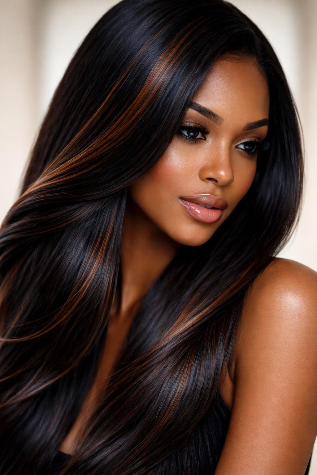 Close-up of a woman with dark skin and sleek black hair with copper highlights.