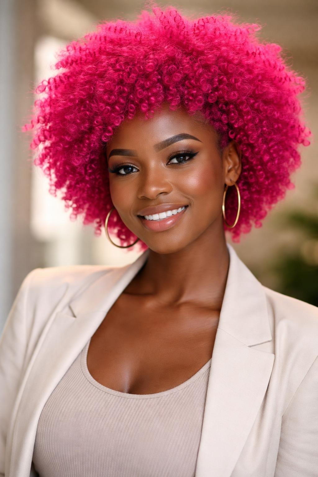 A dark-skinned woman with a bright hot pink afro smiling at the camera against a neutral background.