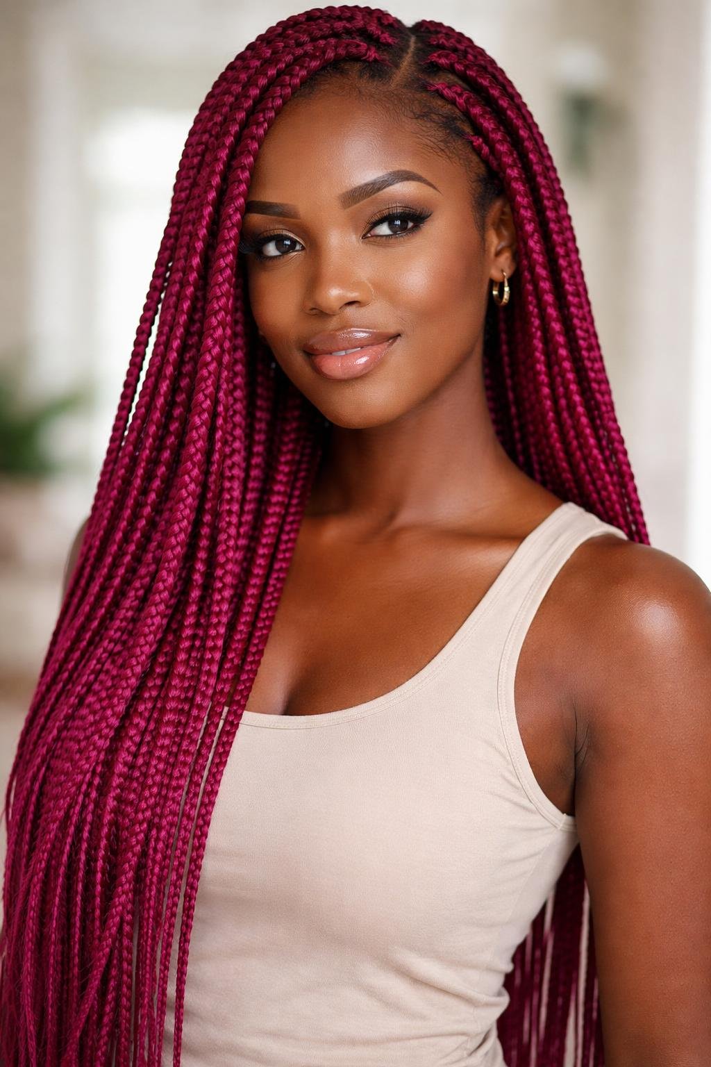 A dark-skinned woman with bright magenta braided hair smiling gently against a neutral background.