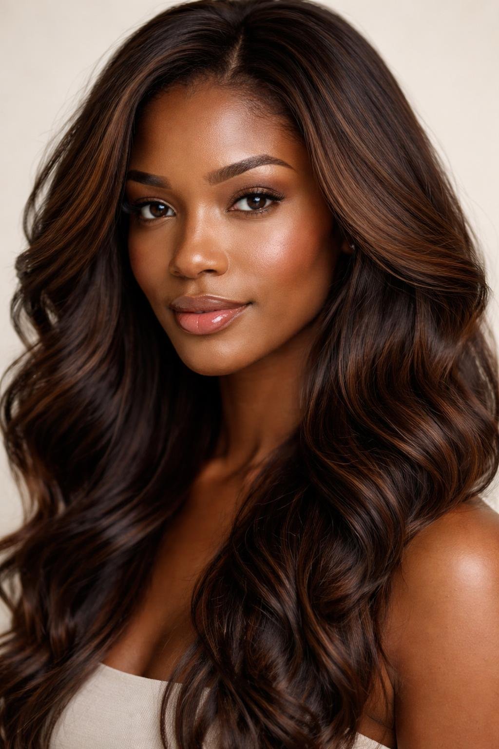 Close-up portrait of a woman with dark skin and chocolate brunette hair with cinnamon freckles.