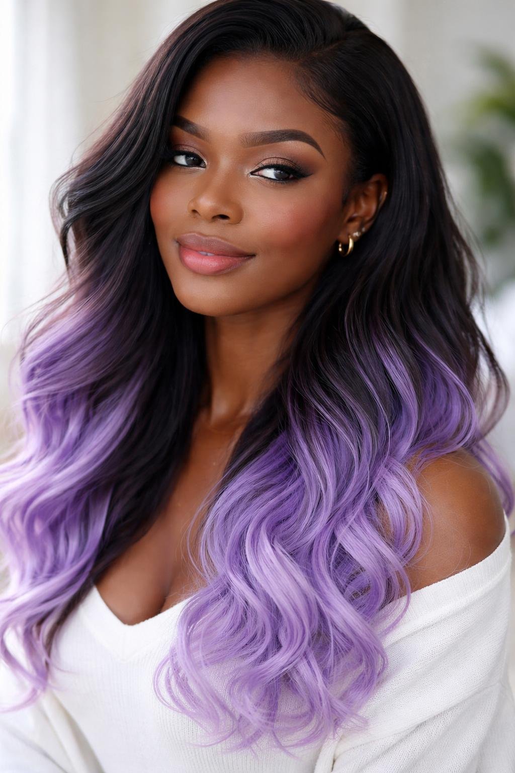 A Black woman with dark skin and pastel lavender-colored hair ends smiling gently against a neutral background.