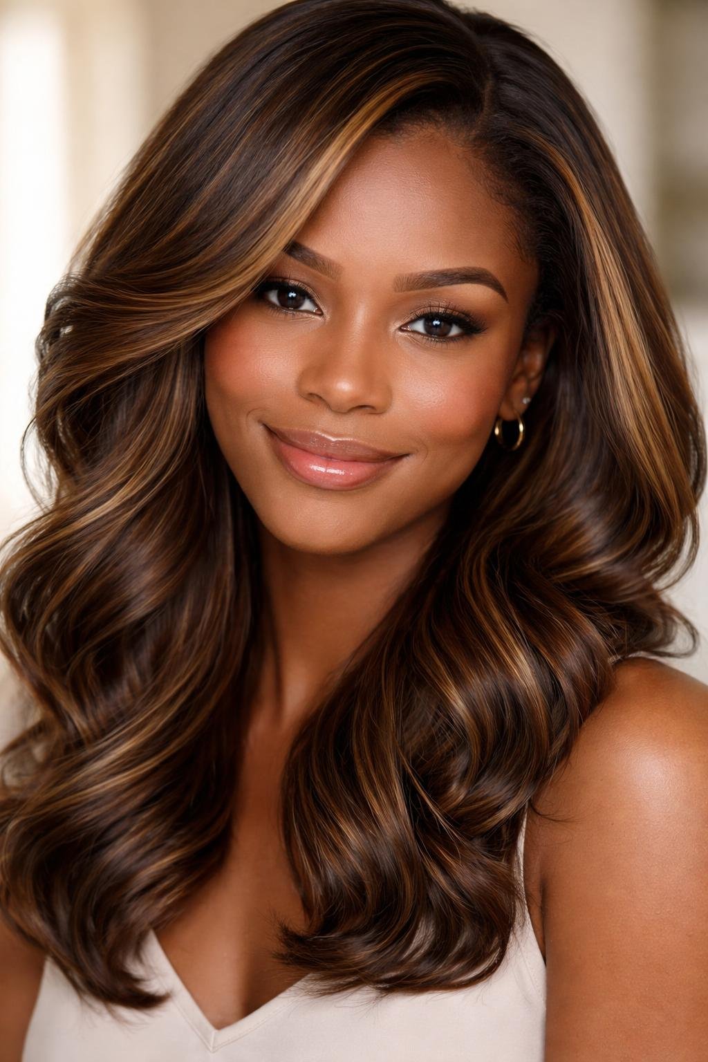 Close-up portrait of a smiling woman with dark skin and wavy buttery brown hair with blonde lowlights.