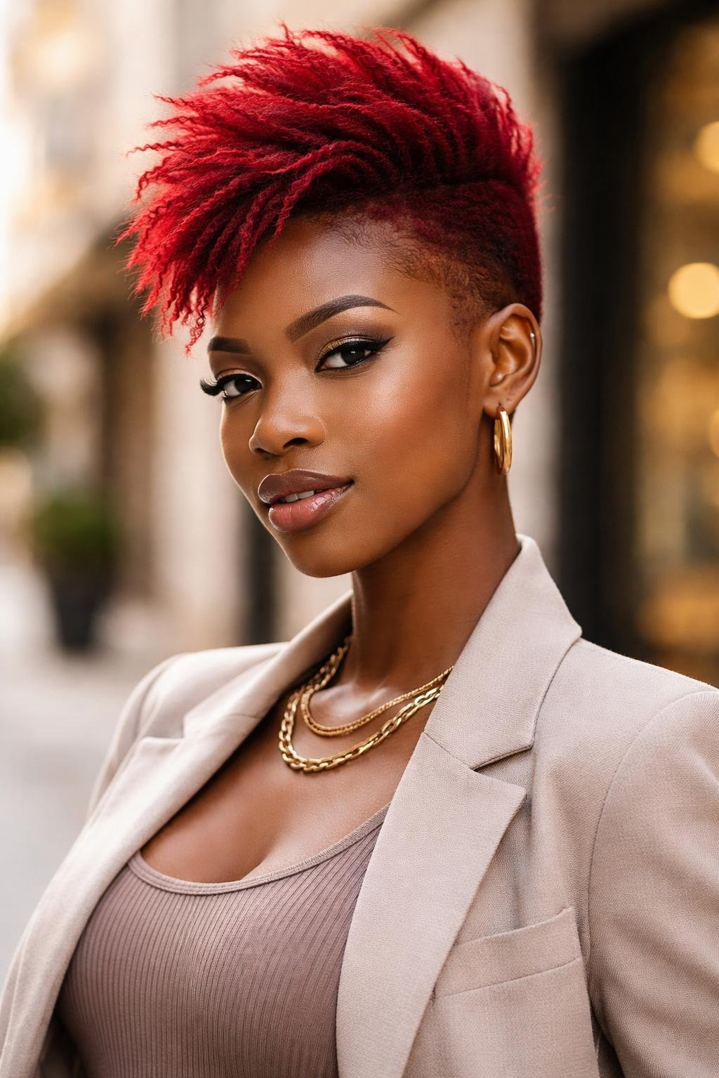 A young Black woman with dark skin and a bright crimson mohawk hairstyle looking confidently at the camera in an outdoor urban setting.