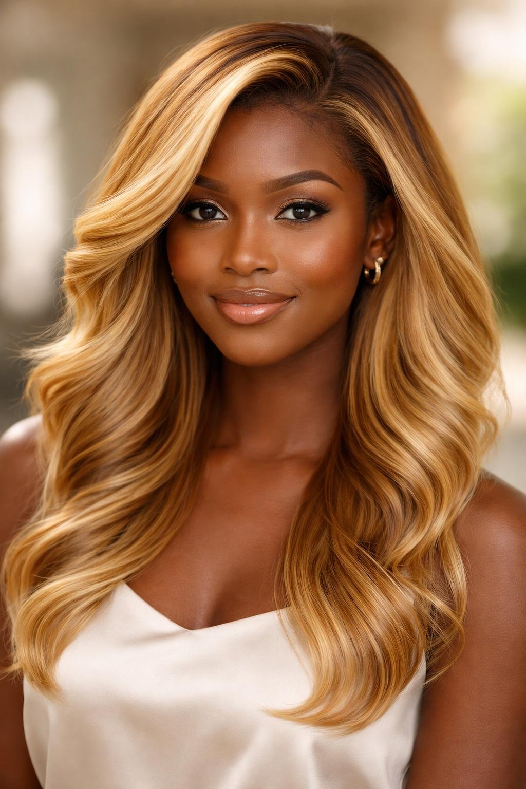 A dark-skinned woman with golden blonde hair smiling softly against a warm, blurred background.