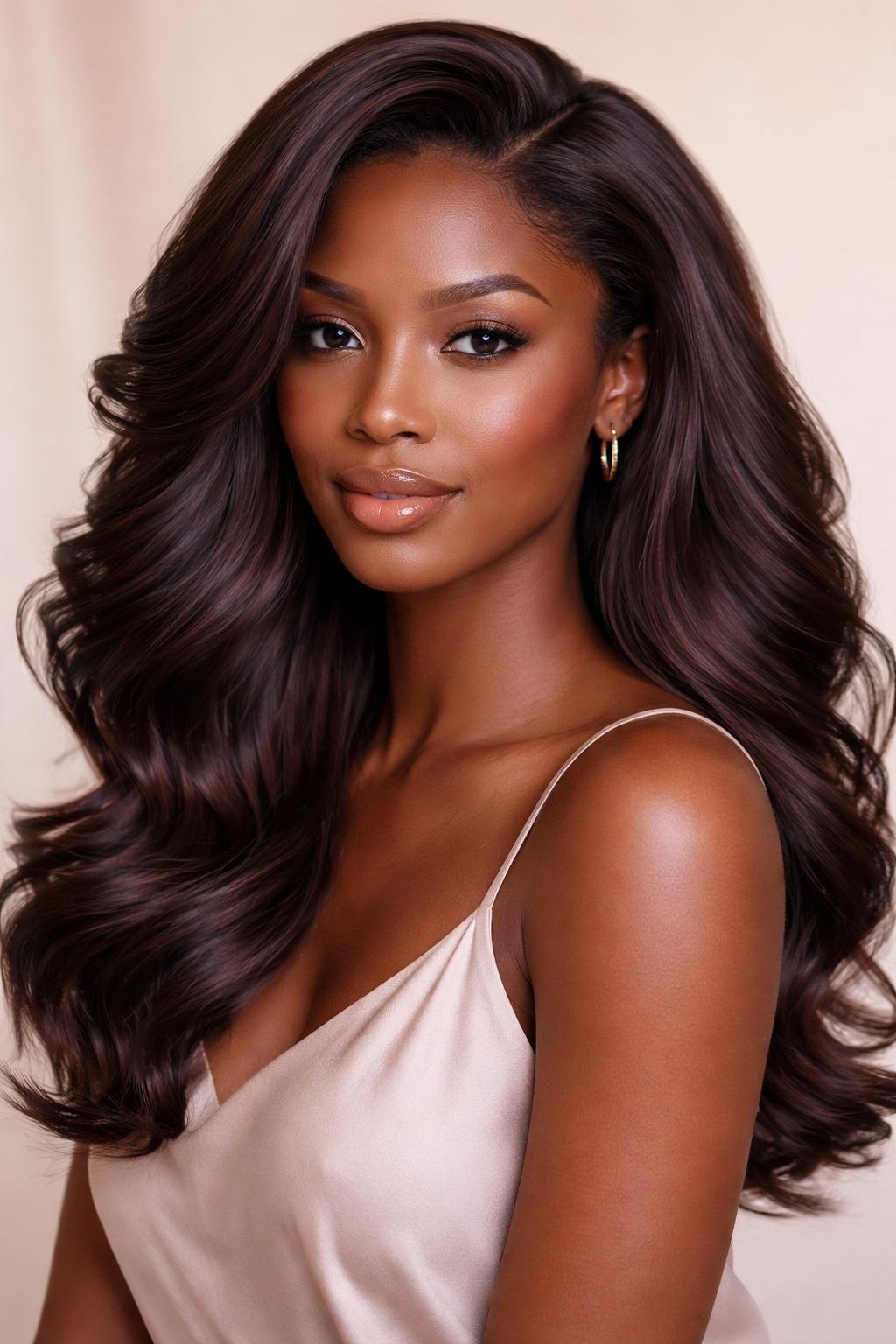 A woman with dark skin and smoky chocolate brunette hair with plum highlights looking confidently at the camera against a neutral background.