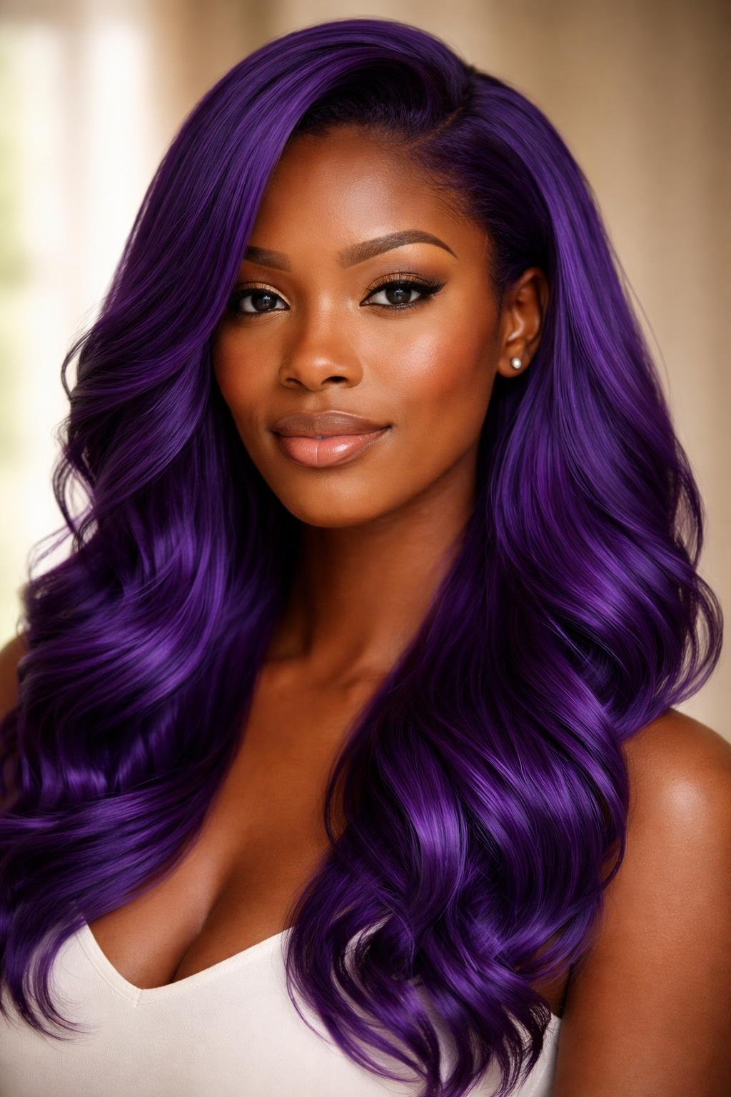 A dark-skinned woman with royal purple wavy hair looking confidently towards the camera.