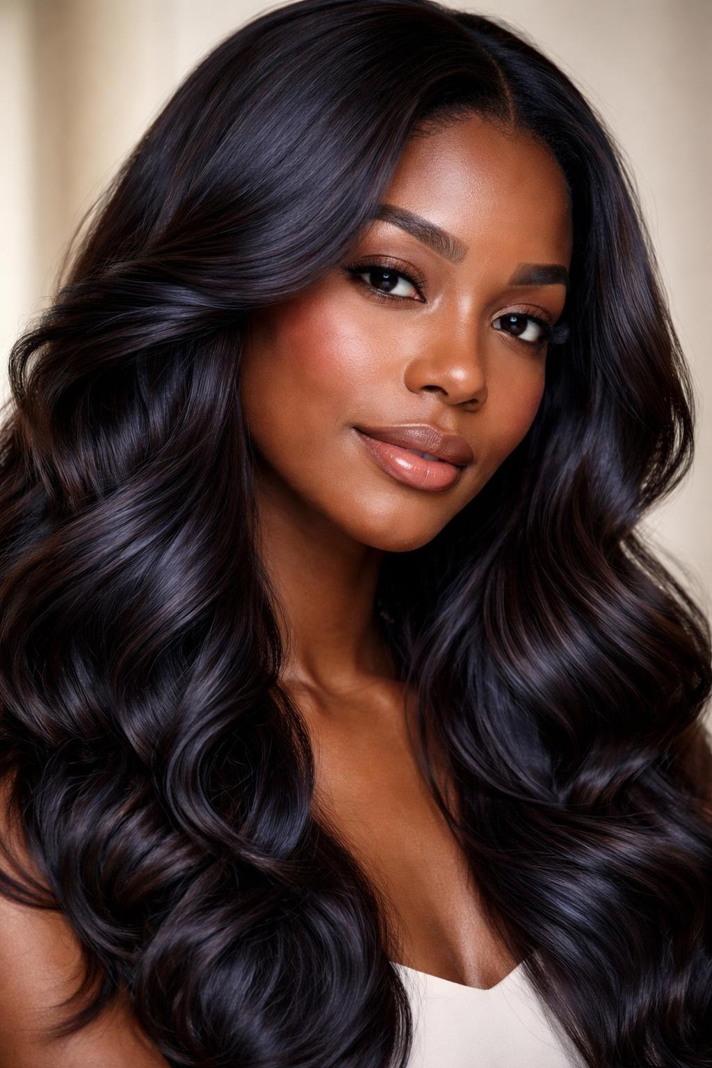 Close-up portrait of a woman with dark skin and chocolate brown hair with blue highlights.