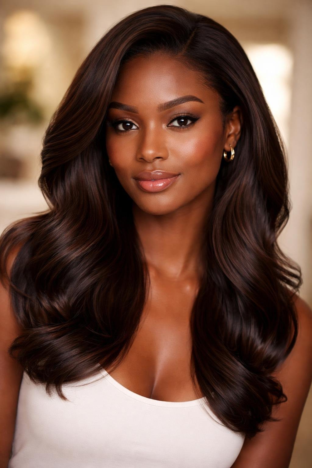 Close-up portrait of a woman with chocolate brunette hair and dark skin tone, smiling softly against a blurred warm background.