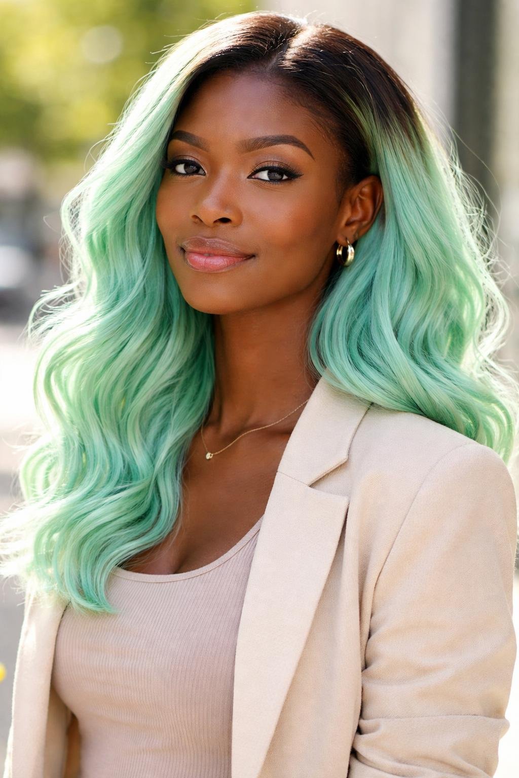 A dark-skinned woman with mint green dip-dyed hair smiling softly against a blurred background.