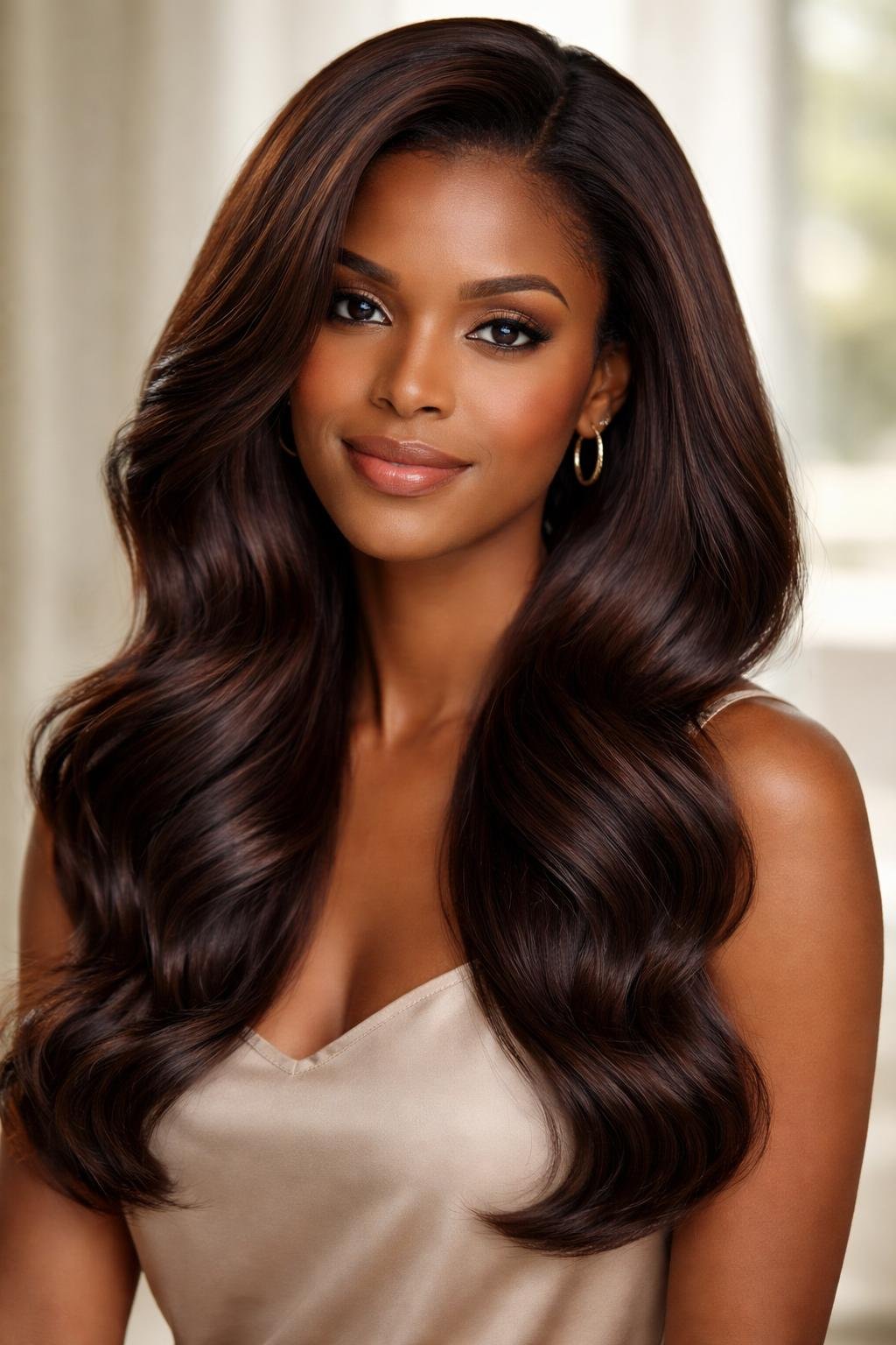 A woman with dark skin and shiny chocolate brunette hair smiling in a softly lit studio.