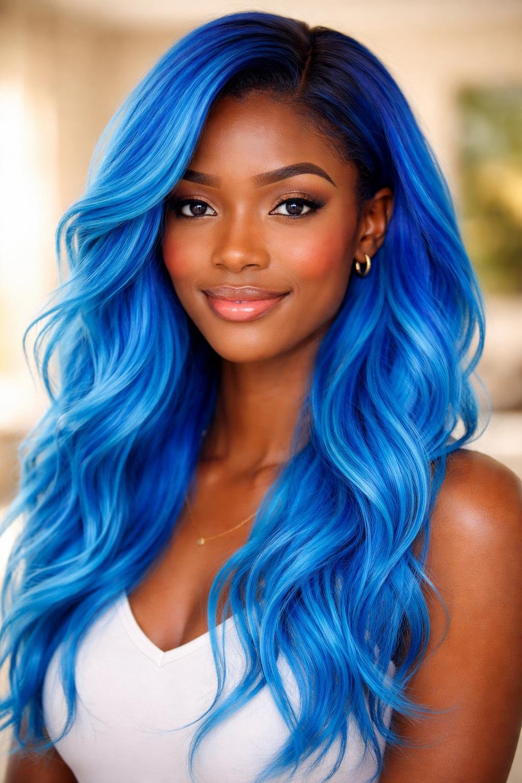 A dark-skinned woman with bright, colorful hair smiling against a softly blurred background.