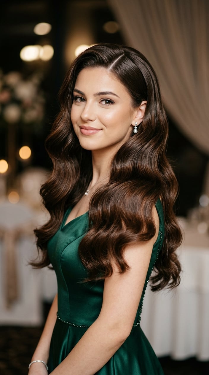 A young woman with styled wavy hair and a deep side part wearing a formal dress, posing against a neutral background.
