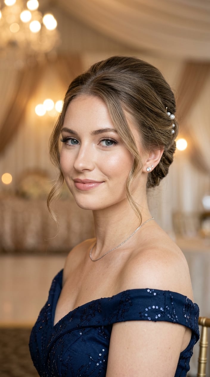 Close-up portrait of a young woman with an elegant updo hairstyle and soft pieces framing her face, wearing a formal dress.