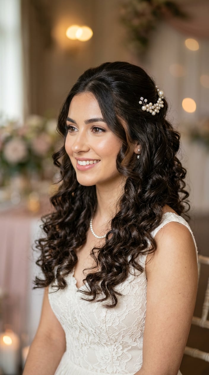 A young woman with curly hair pinned back on the top half, smiling softly against a blurred background.