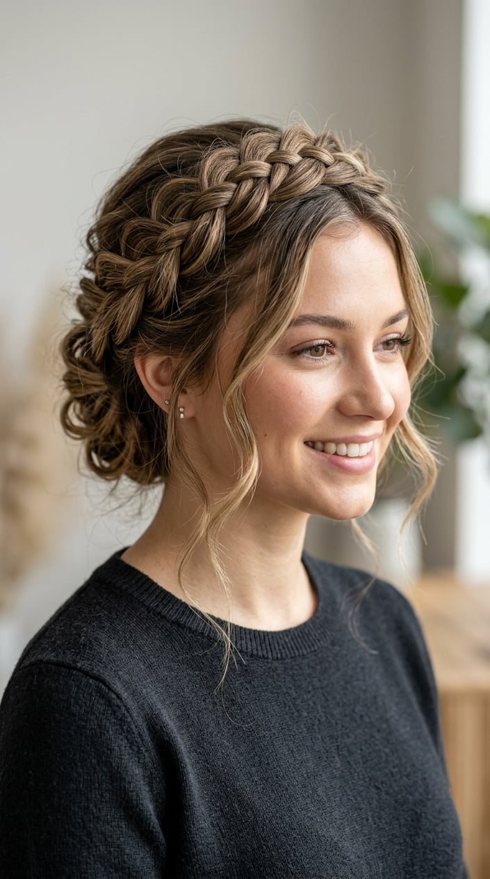 Portrait of a young woman with an elegant braided crown hairstyle and loose textured hair, shown from the shoulders up against a soft background.