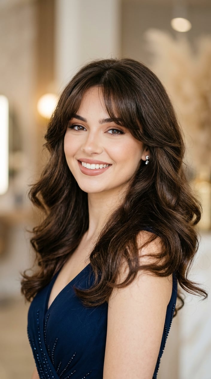 Portrait of a young woman with voluminous hair and curtain bangs smiling against a blurred background.