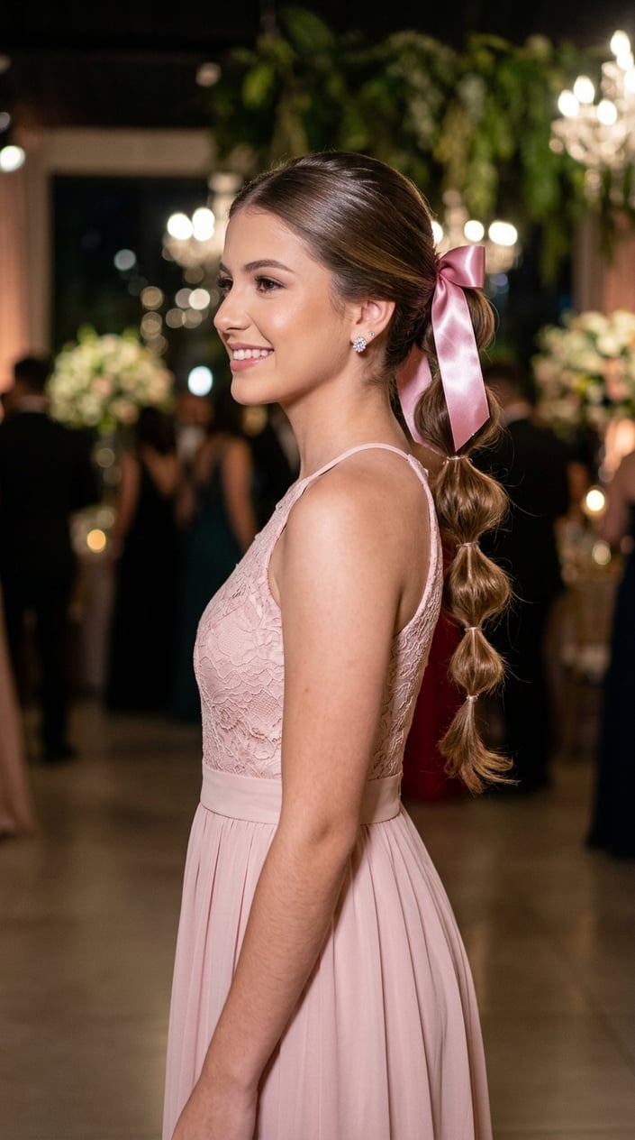 Young woman with a bubble ponytail tied with a satin ribbon, wearing a formal dress.