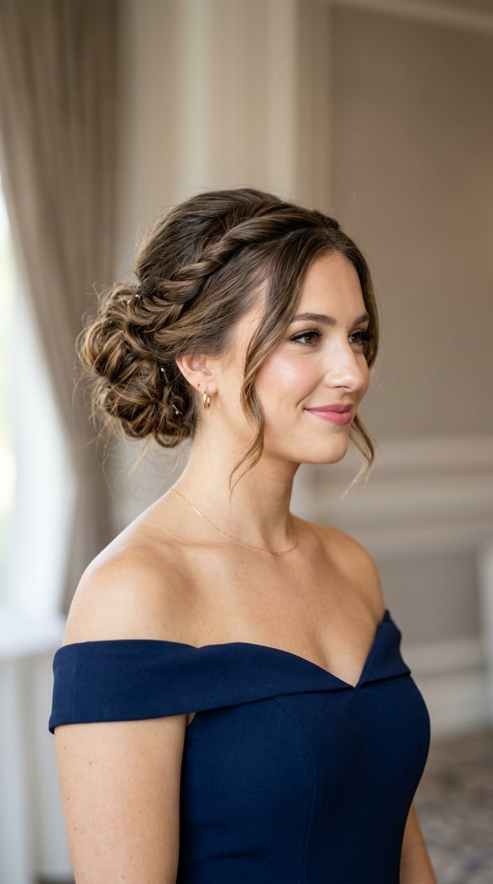 A young woman with a messy bun hairstyle with twisted sections at the front, looking slightly to the side against a neutral background.