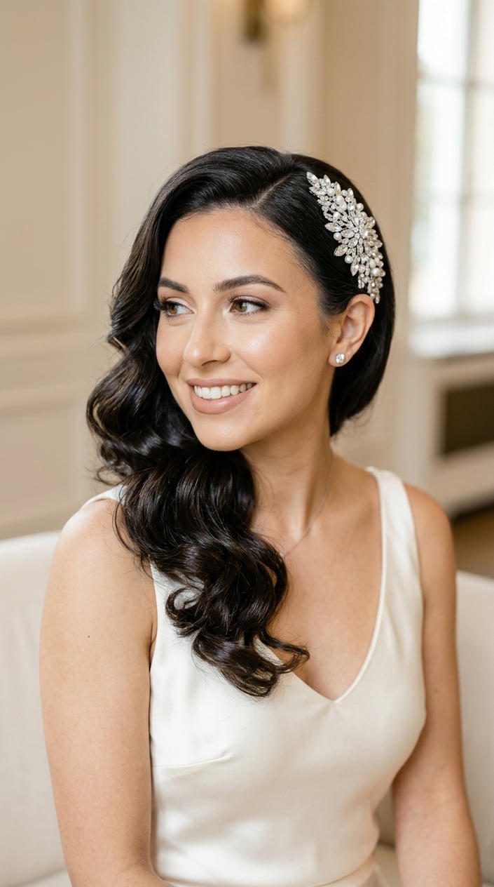 A young woman with side-swept curly hair wearing a crystal barrette, smiling softly against a neutral background.